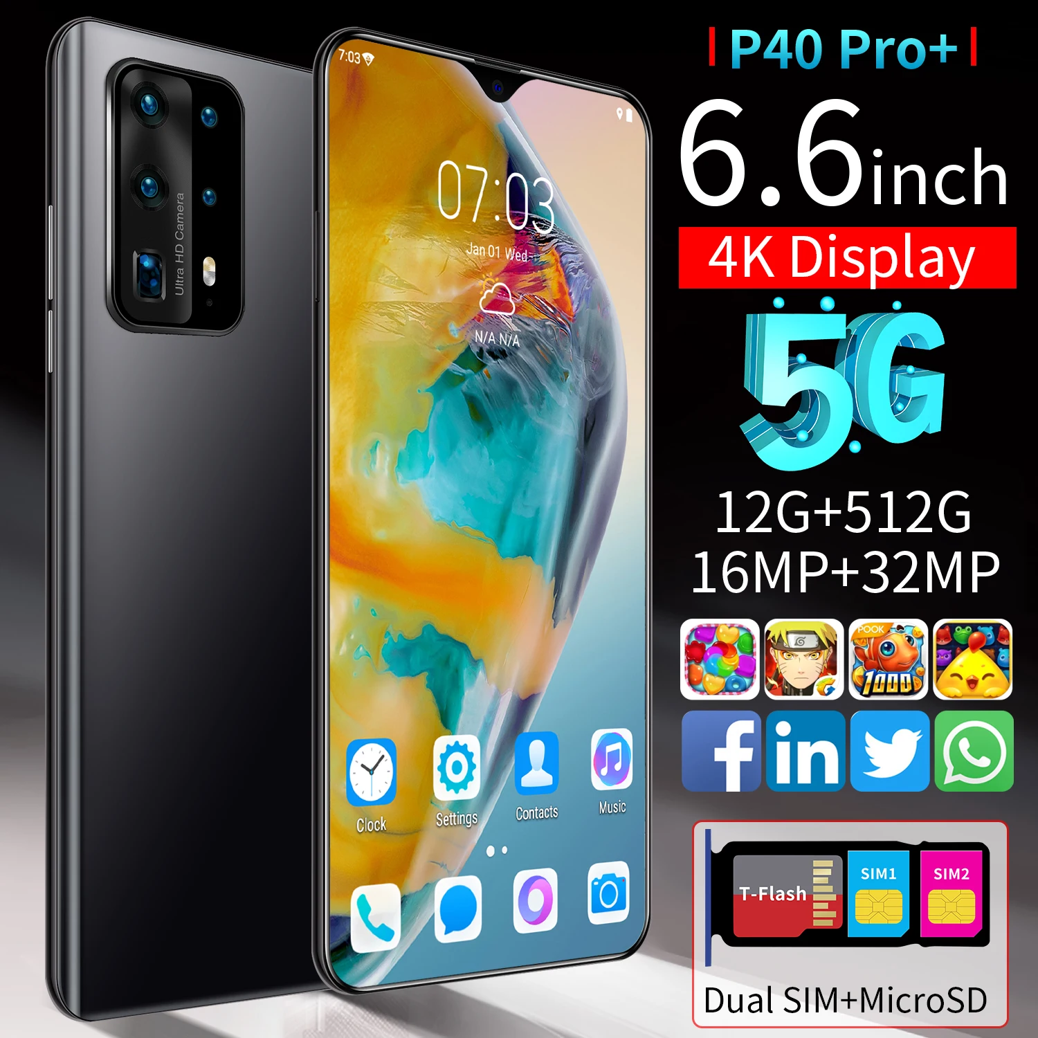 

Global Version P40 Pro+ 6.6 Inch HD Screen Smartphone 12+512G 5000mAh 5G Cellphone Fingerprint Unlock Dual SIM 4G 5G Mobilephone