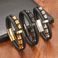 fashionable mens genuine leather multilayer woven personalized titanium steel bracelet with magnetic clasp jewelry gift
