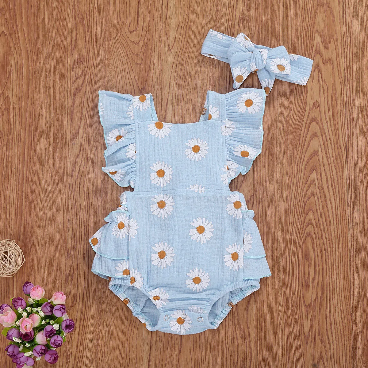 

Newborn Baby Girls Clothes Infant Summer Baby Clothes Ropa Bebe Daisy Playsuits Ruffled Bodysuit+Headband деская одежда боди