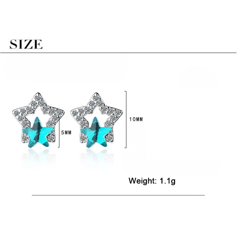 XIYANIKE 925 Sterling Silver Trendy Simple Blue Pentagonal Star Crystal Stud Earrings Jewelry For Women Couple Party Gift | Украшения и