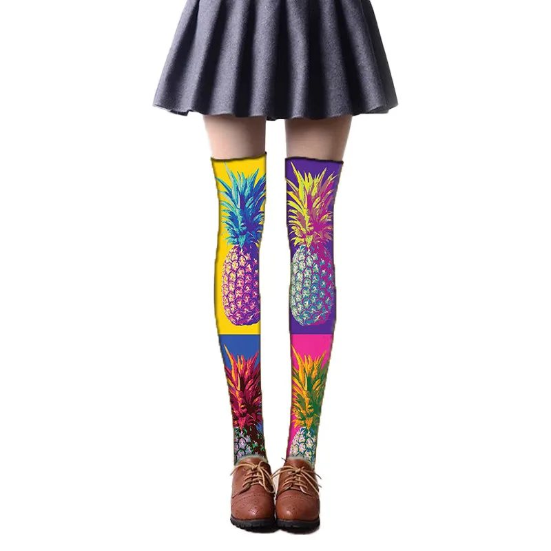 Для женщин Тонкий цветочный 3D печать чулки Пикантные ботфорты высокого нoски вышe