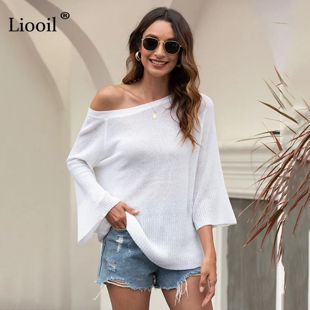 

Liooil Casual Loose Knit Sweater Women 2020 Hollow Out Lace Up Flare Sleeve O Neck Female Autumn Knitwear Pullovers And Jumpers