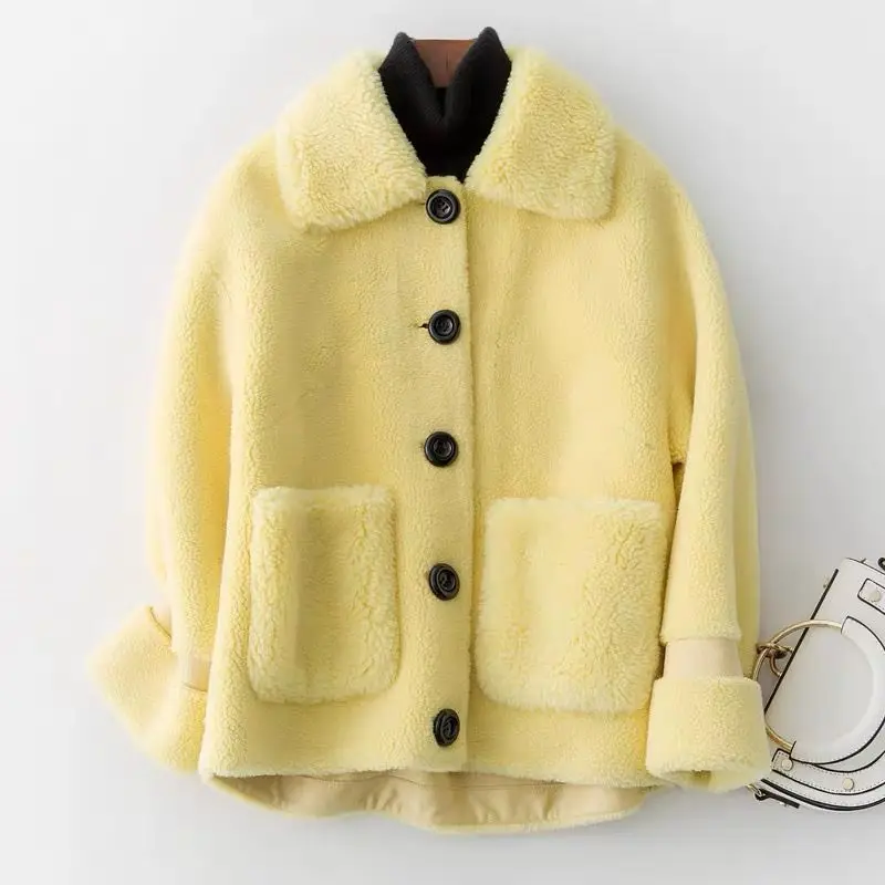 Women 2022 New Short Real Fur Coat Female Warm Natural Granular Fur Jacket Lady Casual Loose Genuine Sheep Sheared Outerwear C55