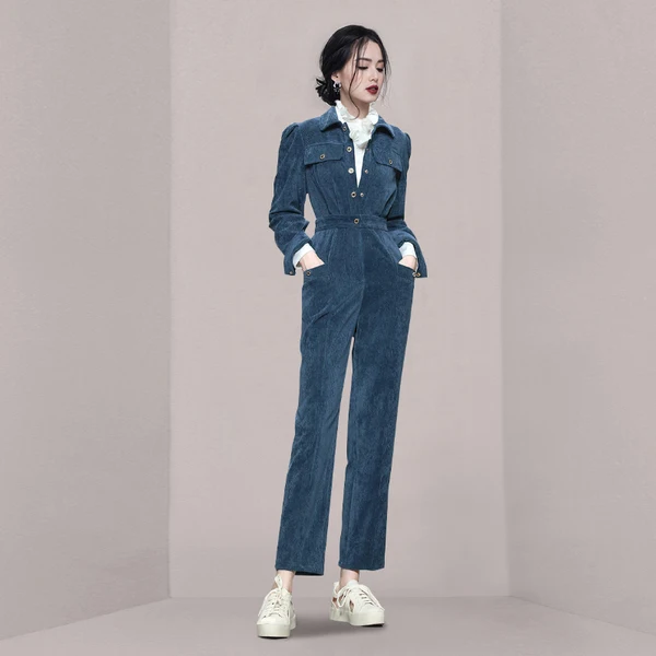 Женский вельветовый комбинезон винтажный элегантный длинный с отложным