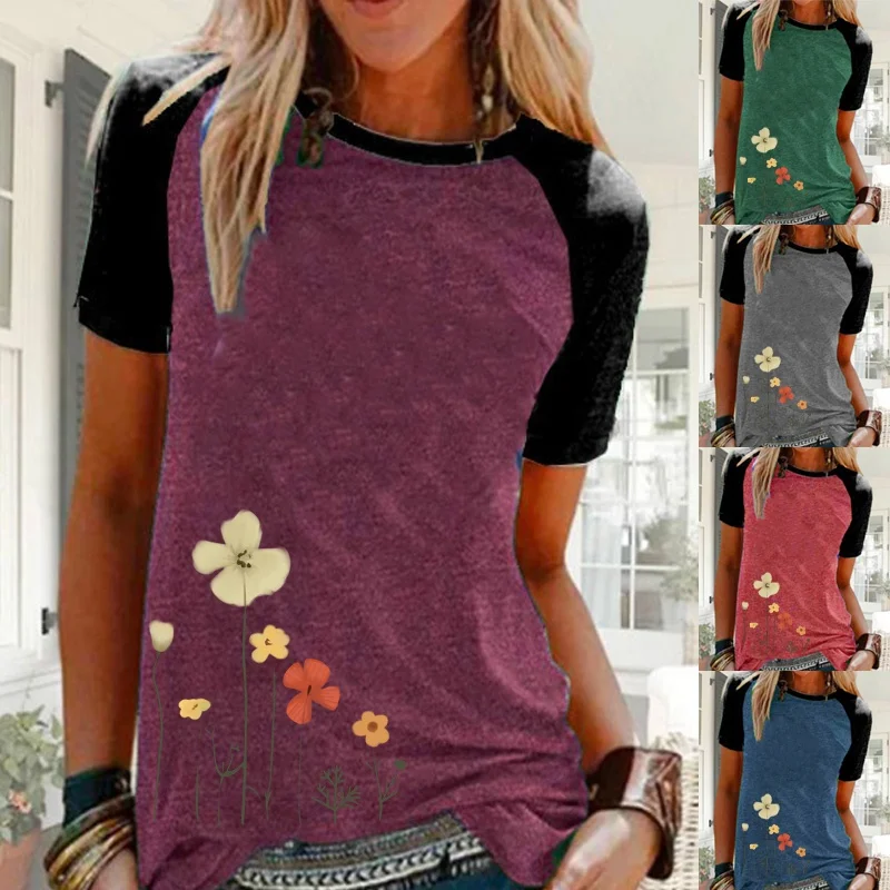 

Womens Printed T-Shirt Tops Short Sleeved Round Neck Loose Shirts Summer Raglan Blouse Tops