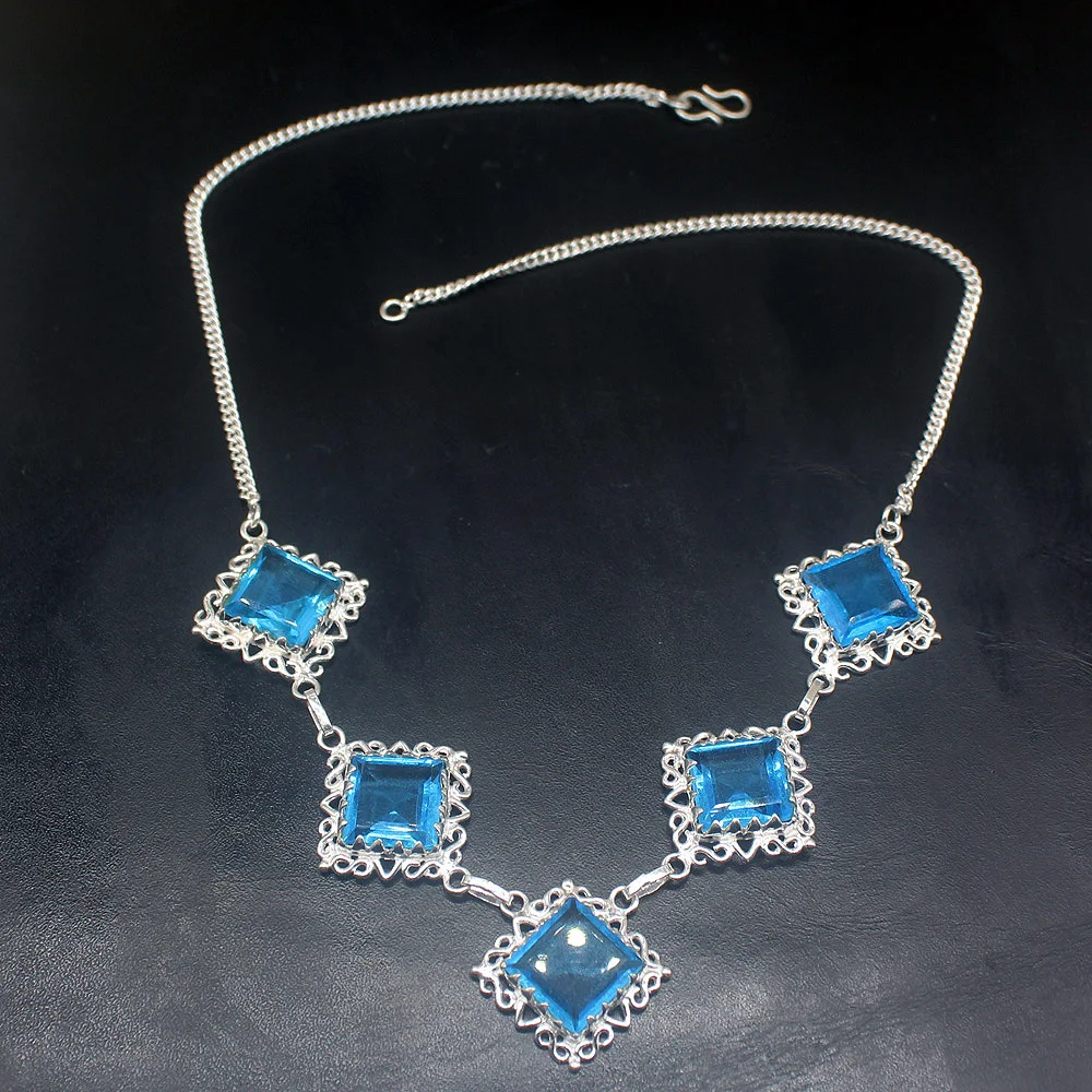 Gemstonefactory Jewelry Big Promotion Unique 925 Silver Amazing Multi Stone Blue Topaz Women Chain Necklace 48cm 202101535