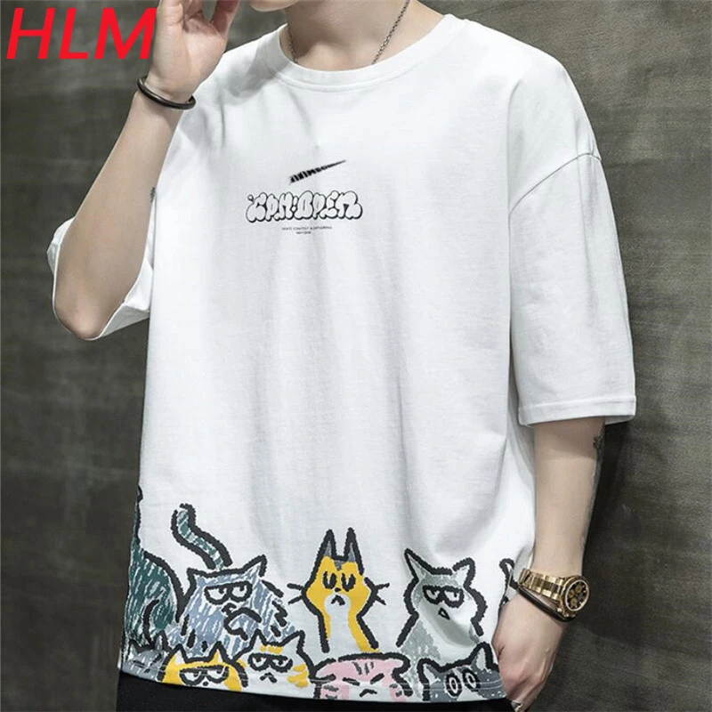 

HLM 20121 High Quality Vintage Cotton Solid Color Tshirts Summer Round Neck Graffiti Print Sports T-shirt Couple Casual Tops