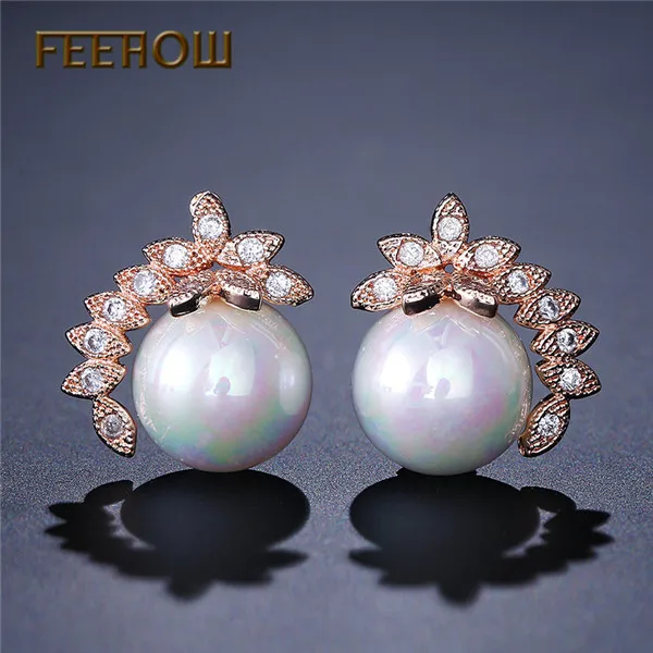 Rose Gold Color 8 FEEHOW модные свадебные Букле д 'ореиль ювелирные изделия элегантные циркониевые кристаллы цветок жемчужные серьги для женщин подружки невесты подарок FWEP075 - Окраска металла: Rose Gold Color 8