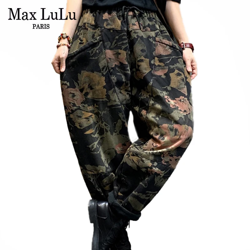 

Женские свободные шаровары Max LuLu с принтом, Зимние Повседневные винтажные джинсы с мехом, уличные джинсовые брюки с эластичным дизайном, 2021