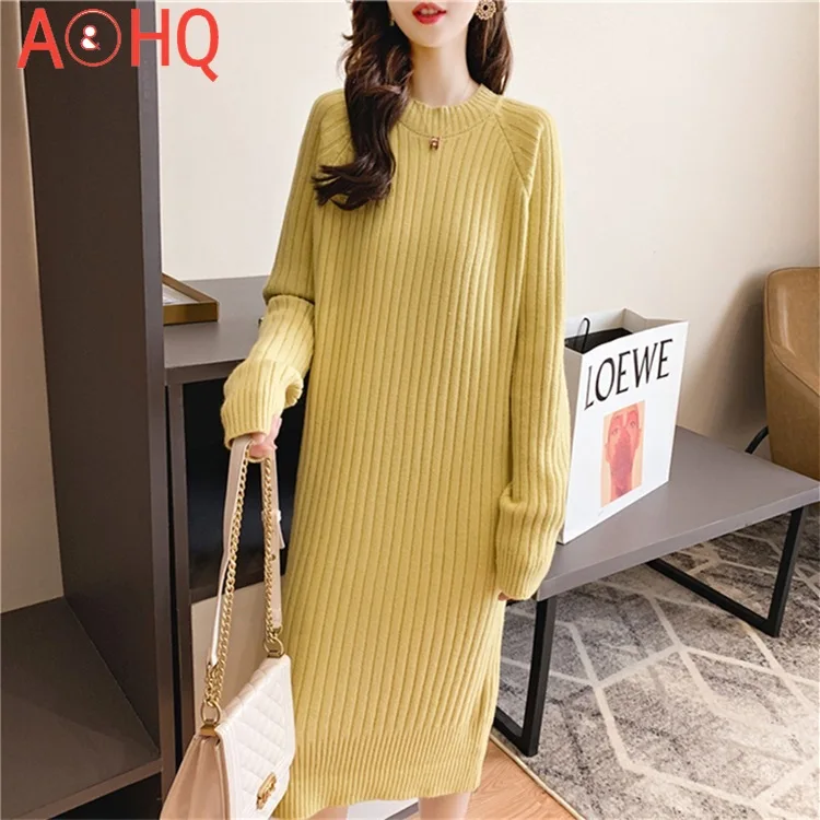 

Women's Knit Low Waist Jersey 2021 Autumn New round Neck Vertical Striped Dress Mid-Length Loose Pullover