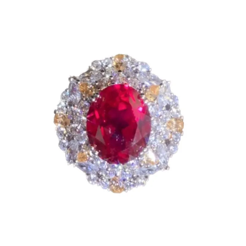 

Customized Simulated Ruby Champagne Diamond Real Pigeon Blood Red Ring for Women. Seiko Silver Inlay 3.5 Karat Open Ring