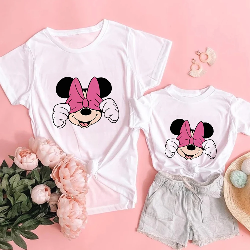 

Fashion Famliy Look Harajuku Casual Women T-Shirts Punk Rock Mickey Minnie Pink Bow Children Tshirt Casual Hipster Top