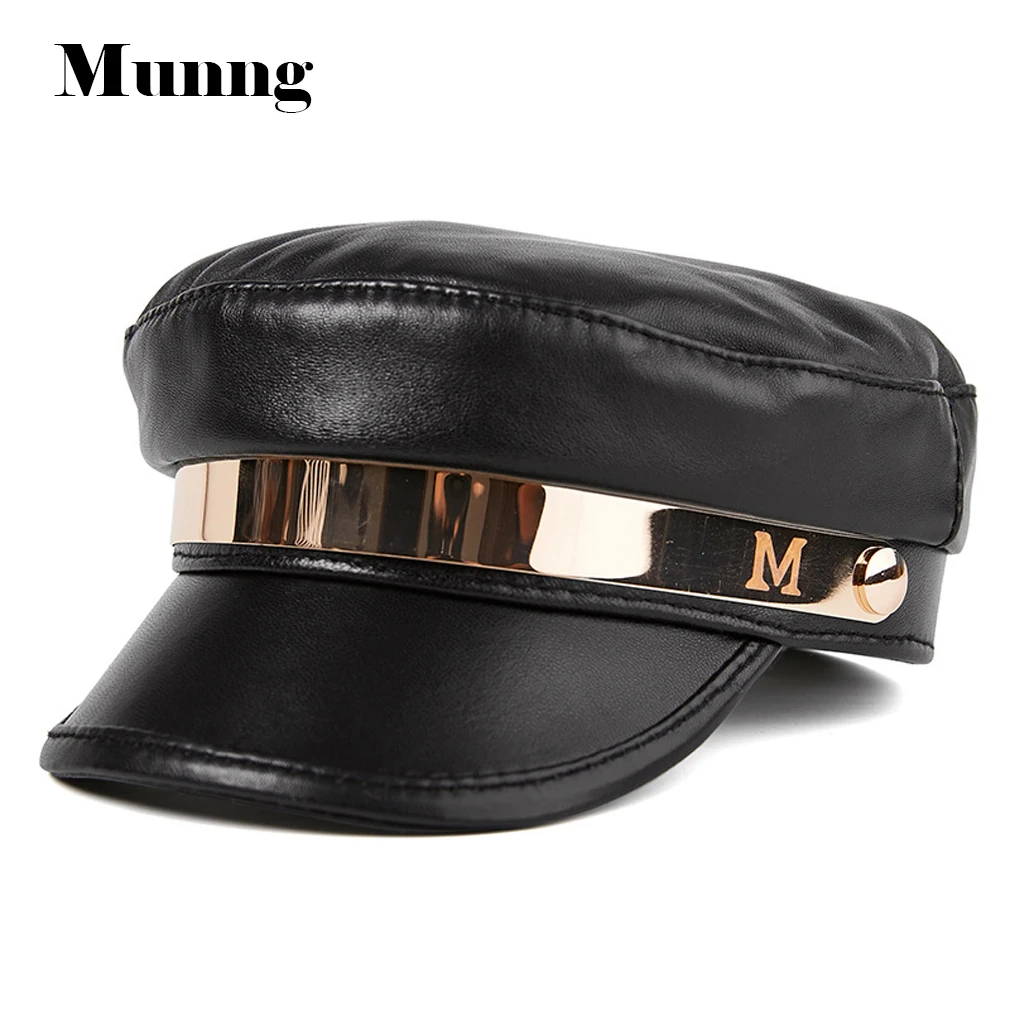 

Munng Winter Warm Women Sheepskin Leather Army Cap Cadet Military Hat Flat Newsboy Cap