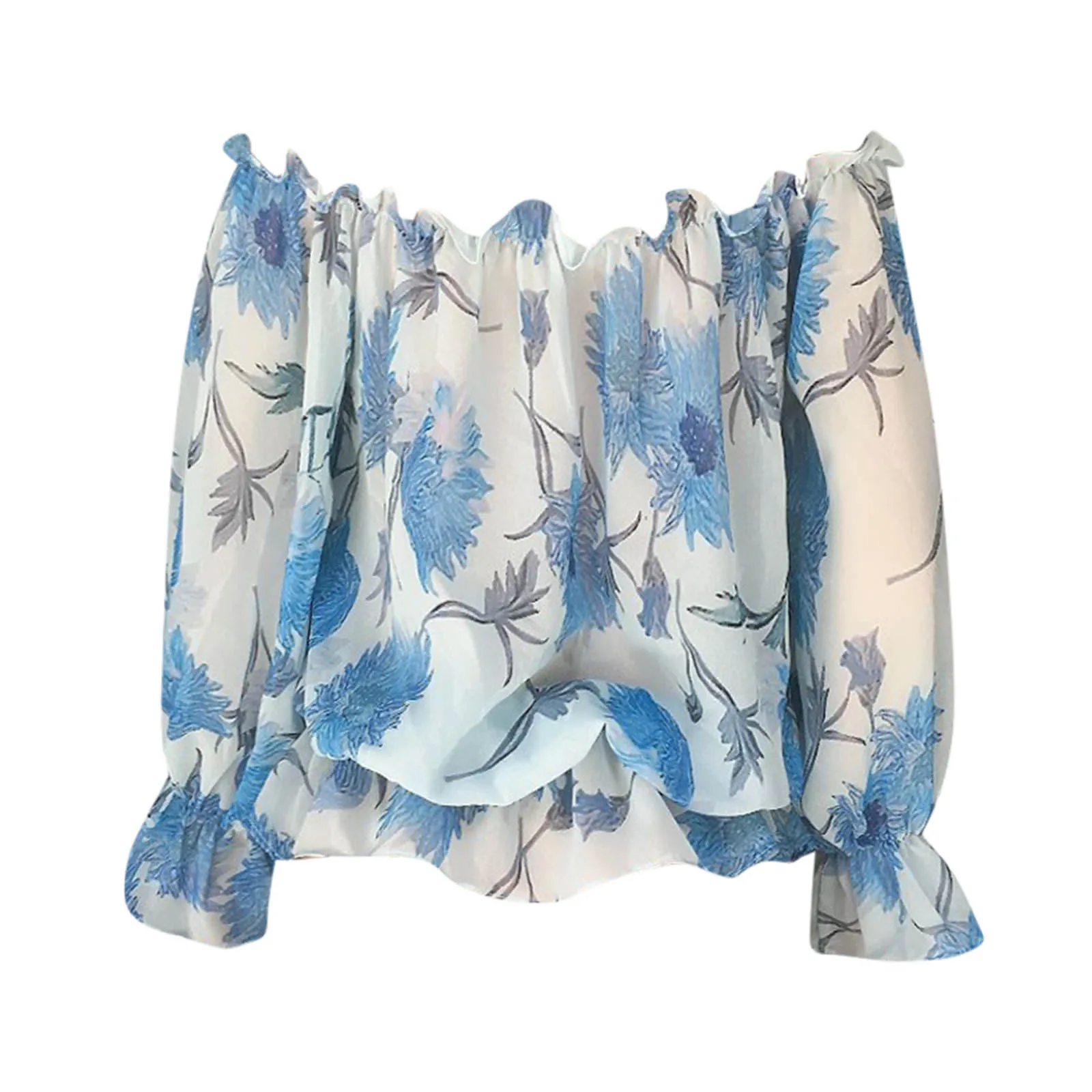 

2021 Summer Off Shoulder Chiffon Shirt Tops Puff Long Sleeve Women Elegant Shirt Tops Blusas Ladies Female Tunic Tops