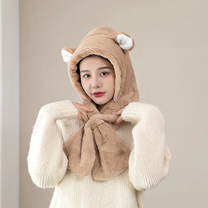 

Модные зимние женские Новые шапки, теплая шапка с милыми медвежьими ушками, повседневный комплект из плюшевой шапки и шарфа, однотонные тол...