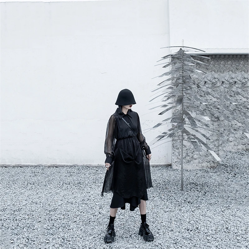 

[EAM] Women Black Ruffles Mesh Chiffon Elegant Dress New Lapel Long Sleeve Loose Fit Fashion Tide Spring Autumn 2021 1DD7561