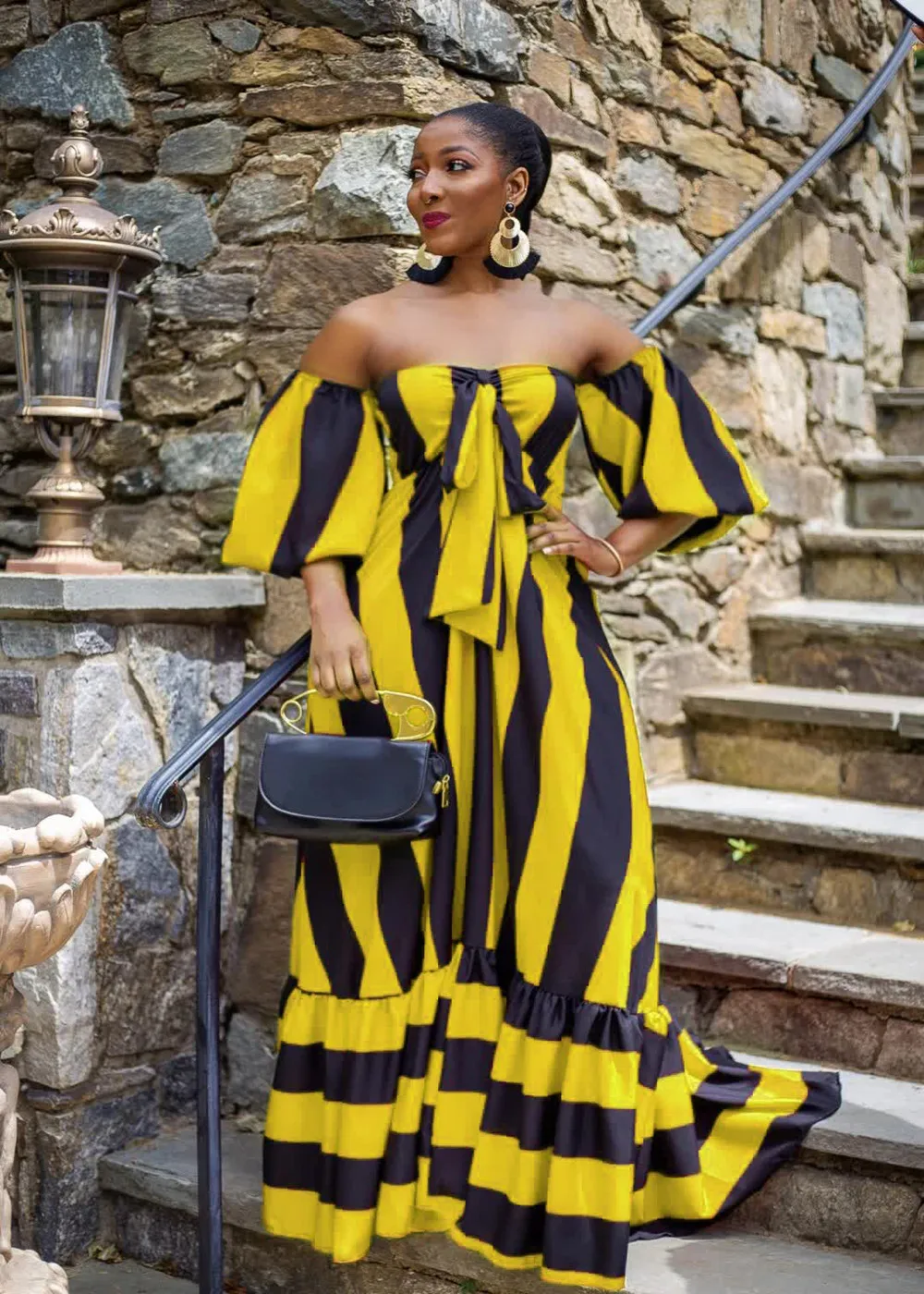 

Cutubly Striped Print Dresses Strapless Long Maxi Dress Women Summer Casual Street Beach Night Club Party Dress