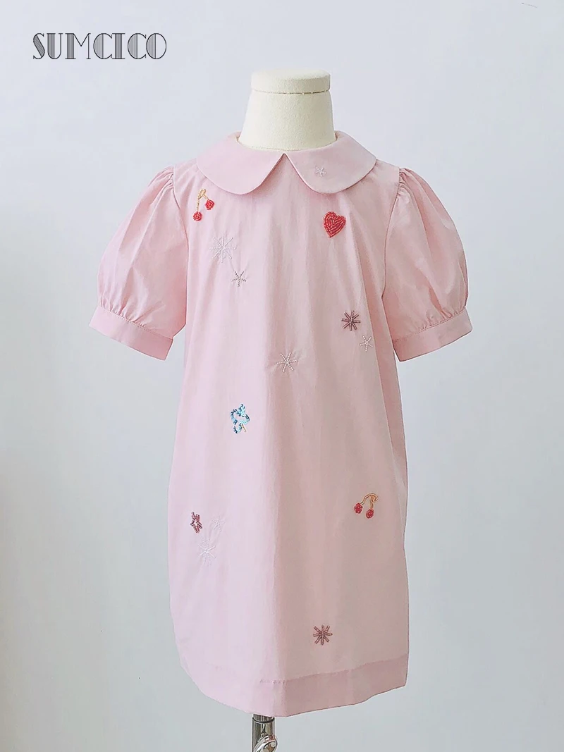 Хлопковое платье Sumcico для девочек с вышивкой бисером и блестками воротником в