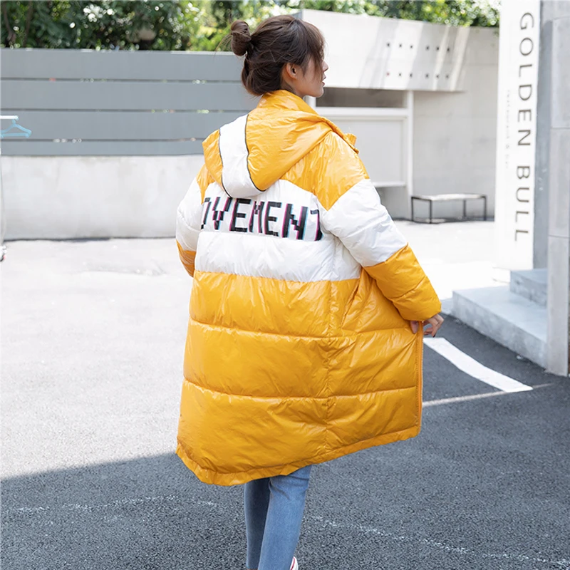 Lucyever Fashion Long Patchwork Letter Hooded Parka Woman Mix Color Thick Slim Jacket Women 2019 Winter Casual Warm Coat Mujer | Женская