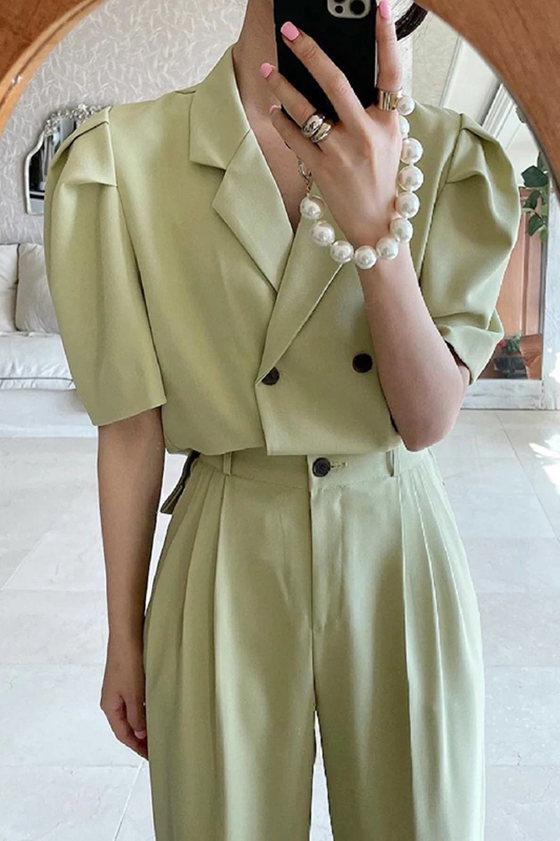 

Korean chic simple lapel double-breasted puff sleeve suit jacket + high waist pleated casual trousers trousers women