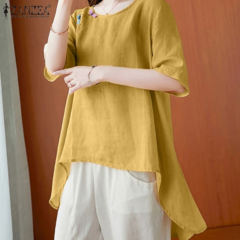 

ZANZEA Vintage Women Blouse 2021 Summer Stylish Office Lady Top Casual Cotton Linen Short Sleeve Loose Solid Blusa