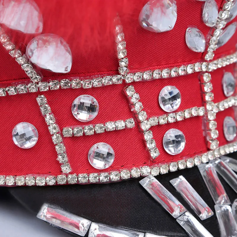 

Black Red Feathers Rhinestones Hat Bar Nightclub Women Singer Stage Performance Hats Team Jazz Dance Army Cap Accessories Props