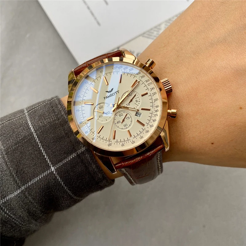 Для мужчин кварцевый хронограф розовое золото Нержавеющая сталь коричневые