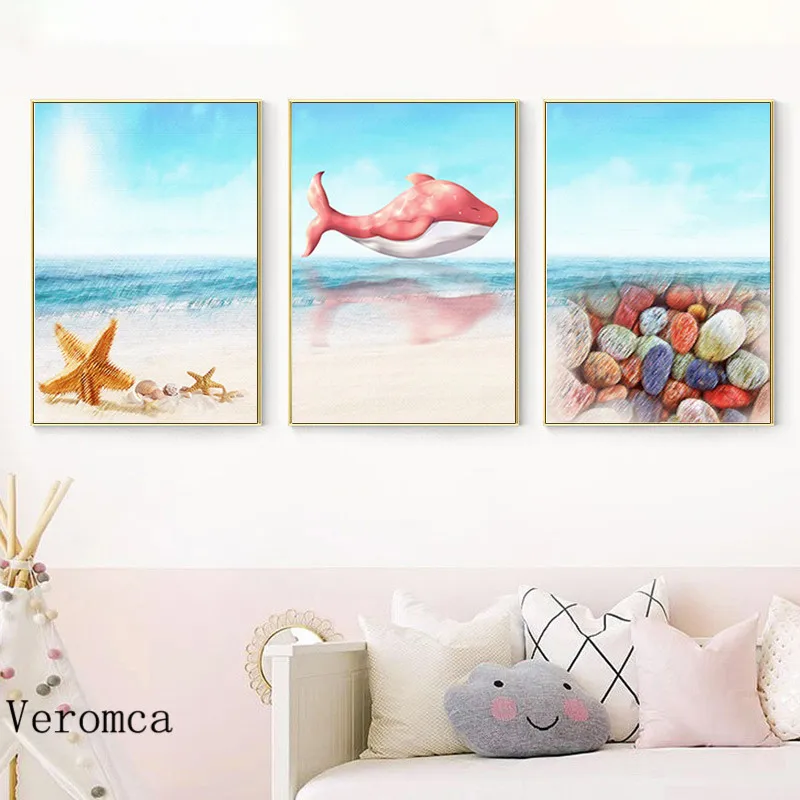 Пляжные ракушки настенное искусство летние каникулы тема китов морских звезд