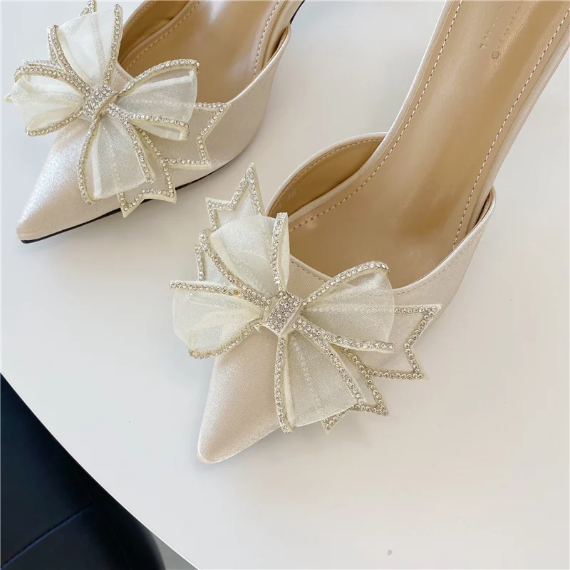 

2021 Hot Sales Pointed Toe Women Slippers Rhinestone Bow Slides Party Thin High Heels Mules Shoes Shallow Elegant Slides Slipper