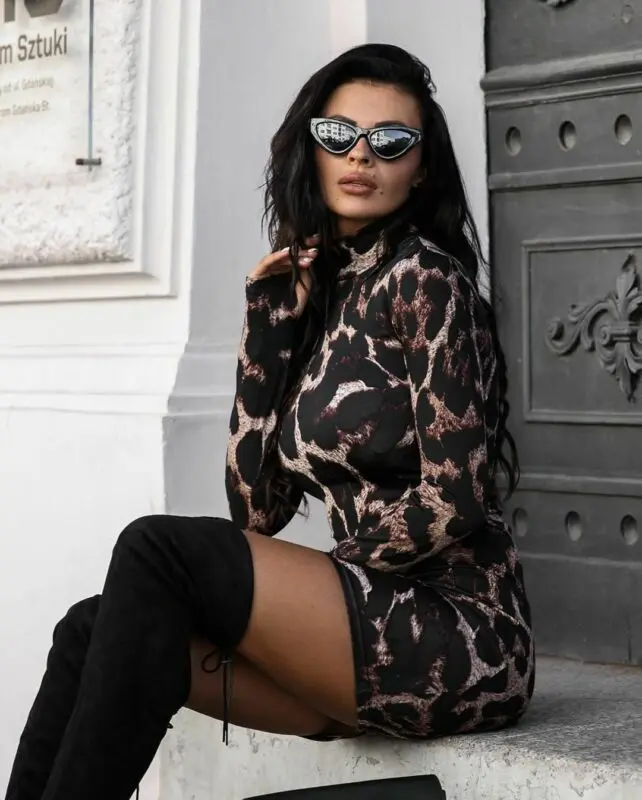 

New 2020 Women Sexy Long Sleeve Leopard Cocktail Evening Party Clubwear Dress Bodycon