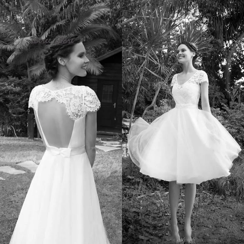 

Короткое свадебное платье в деревенском стиле, пикантное пляжное свадебное платье в стиле бохо с открытой спиной и рукавами-крылышками, бог...