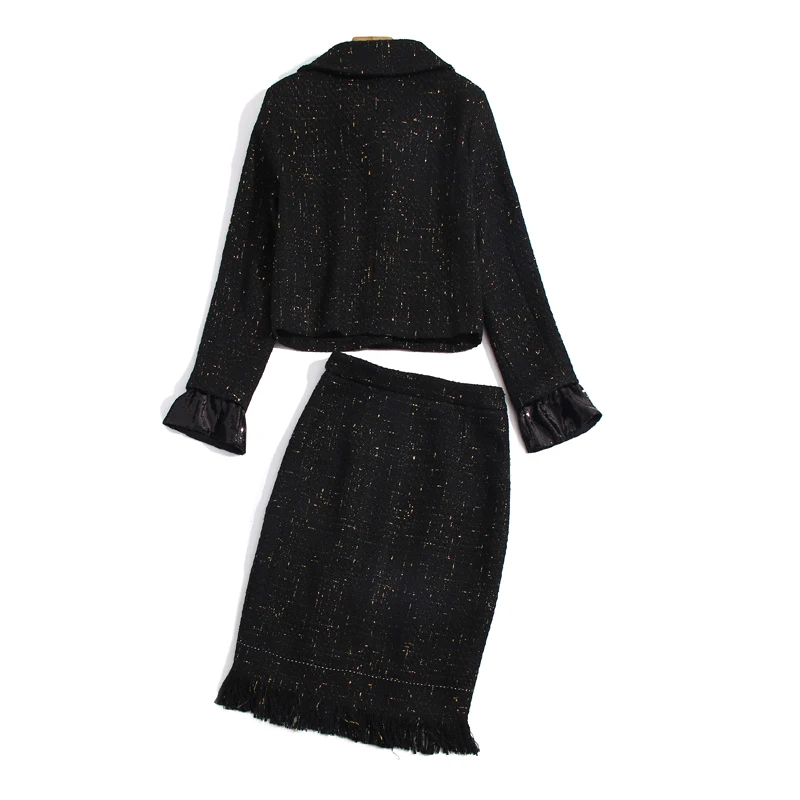 

Autumn New Diamond Button Bowknot Metal Piece Stitching Long Sleeve Short Jacket Tassel Fashion Half Skirt Elegant Women'S Sets