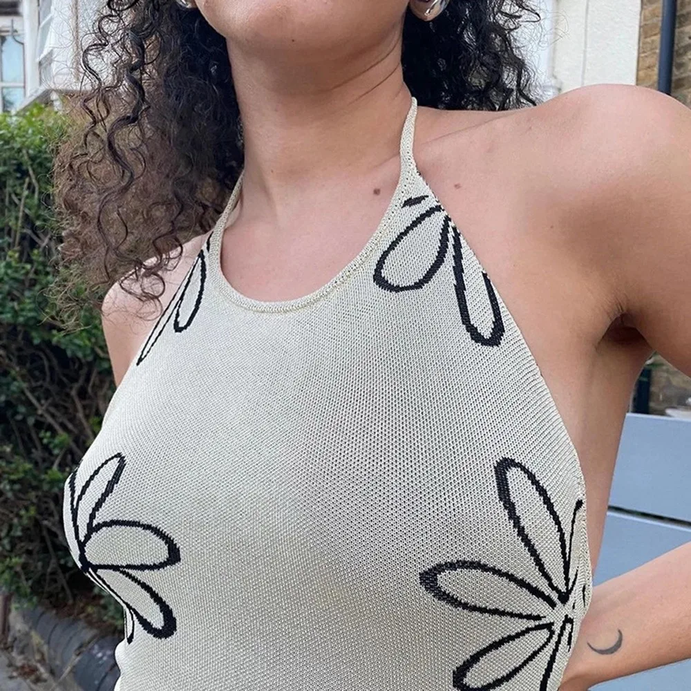 

2021 Summer Floral Backless Knitted Bodycon Dress For Women Sleeveless Sexy Split Midi Party Dresses New Fashion Beachwear