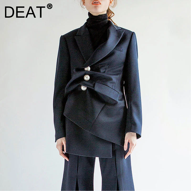 

DEAT 2021 New Women Fashion Navy Blue Notched Long Sleeve Patchwork Asymmetrical Single-breasted Suit Jacket Autumn Winter 7E188