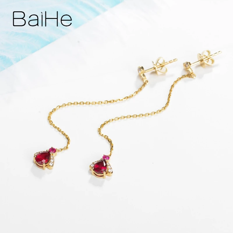 BAIHE подлинные однотонные 18k желтое золото груша Рубин длинные бриллианты