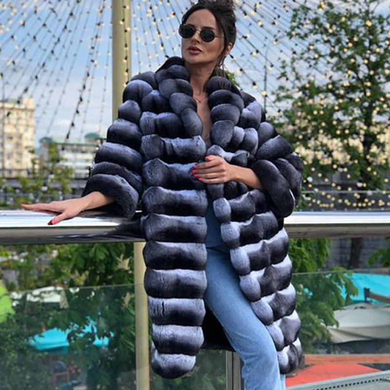 BFFUR 130cm Long Real Rex Rabbit Fur Coat With Hood Whole Skin Genuine Rex Rabbit Chinchilla Color Jacket Natural Women Overcoat