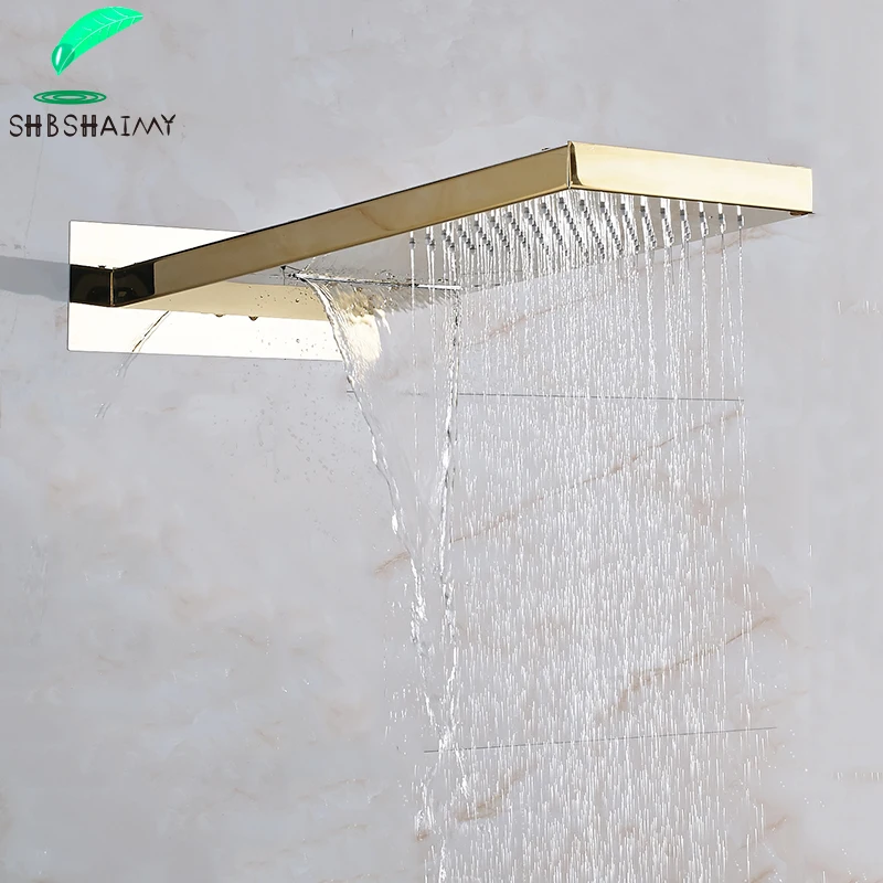 

Золотая насадка для душа из нержавеющей стали, настенная прямоугольная большая фиксированная дождевая насадка для душа с водопадом, 52X22 дюй...