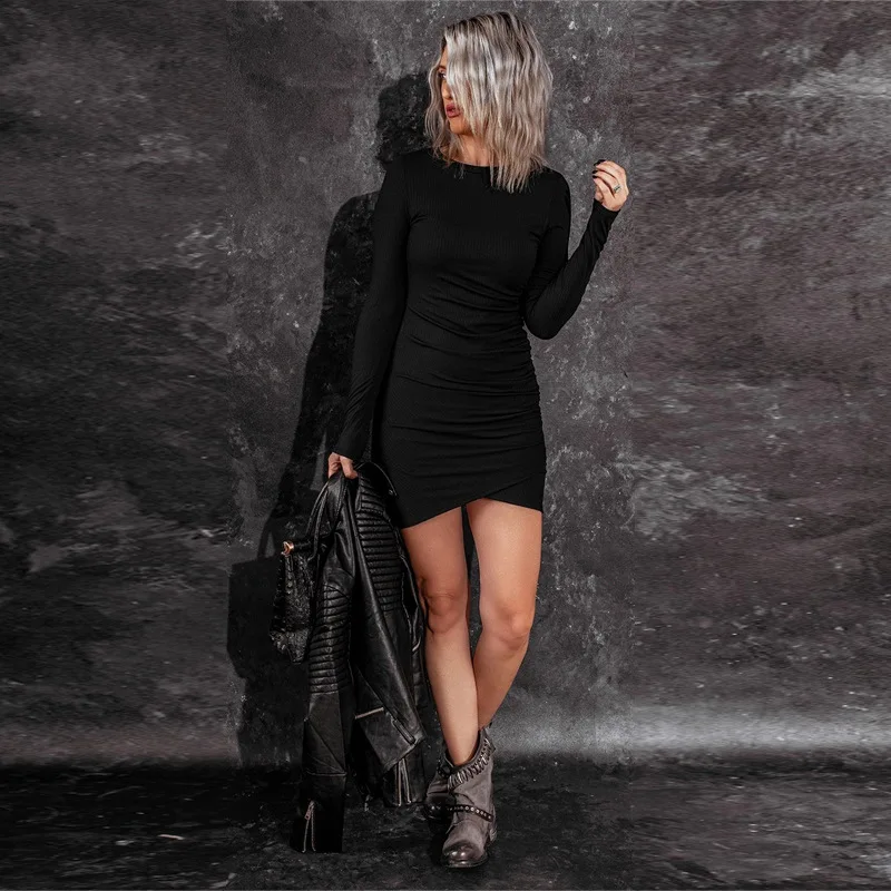 

Elegant Women Solid Color Pencil Dress for Streetwear Shrinkage Design O-Neck Mid Waist Long Sleeve Slim Hips Mini Dress 2021