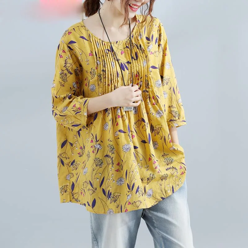 

Женская блузка со складками, с круглым вырезом и рукавом до локтя, свободная, из хлопка и льна, винтажная верхняя одежда