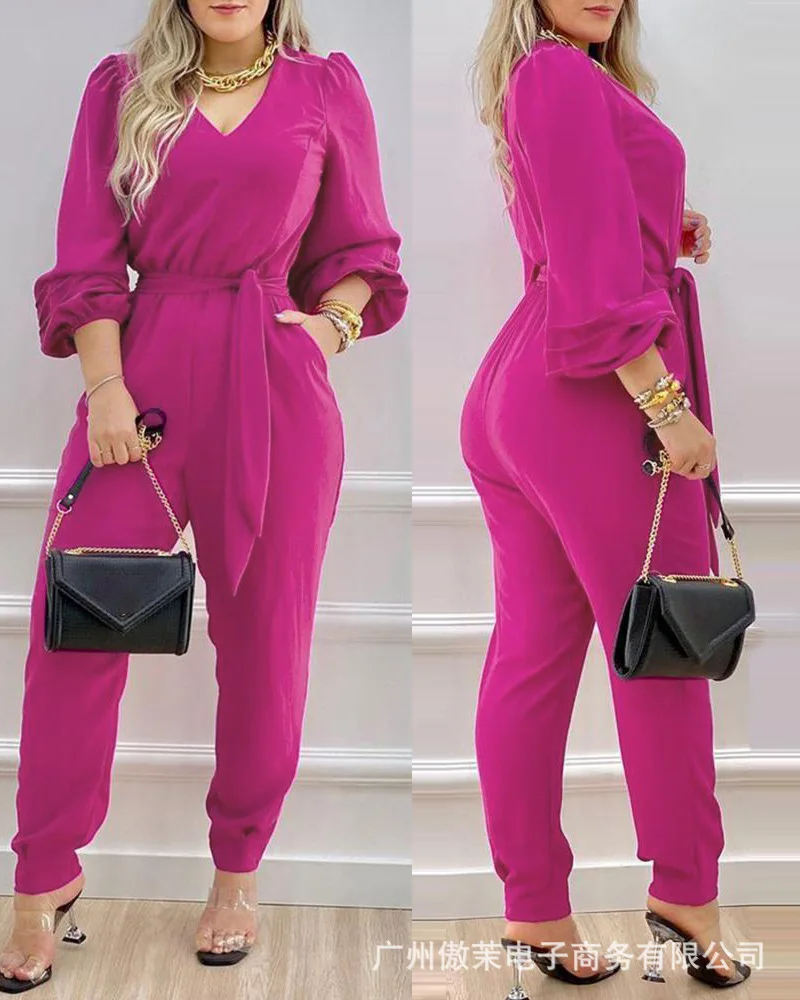 

2021 Autumn New Women's One-piece Pants Purple Lace Up Casual One-piece Pants