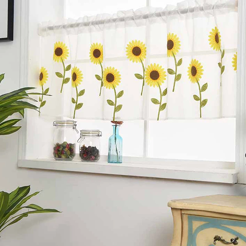 Занавеска с вышивкой маргаритки для дома кухни окна полупрозрачная панель
