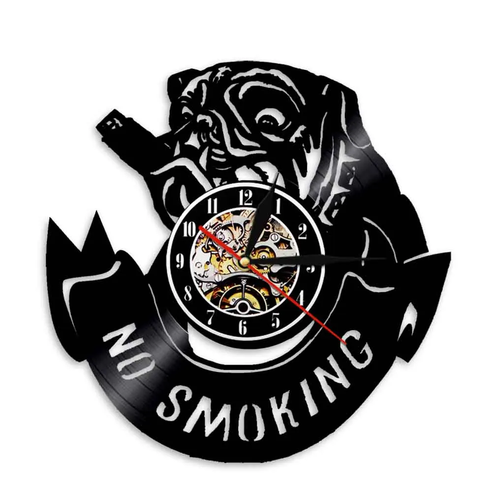 Pug Dog Silhouette Shadow NO Smoking Vinyl Record Wall Clock Dog Puppy Animal 3D Art Wall Nursery Decor Best Gift Idea
