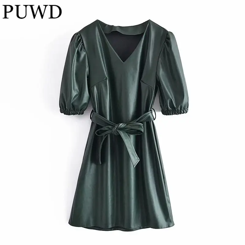 

Женское темно-зеленое платье из искусственной кожи, Осеннее модное женское платье с поясом и V-образным вырезом, 2021