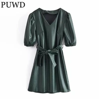 puwd women dark green faux leather dress 2021 autumn fashion ladies puff sleeve dresses female sashes waist v neck dress