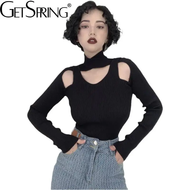 

Getspring Women Sweater Asymmetry Hollow Out Knitting Sweater Irregular Sexy Turtleneck Off Shoulder Knit Tops 2021 Fashion