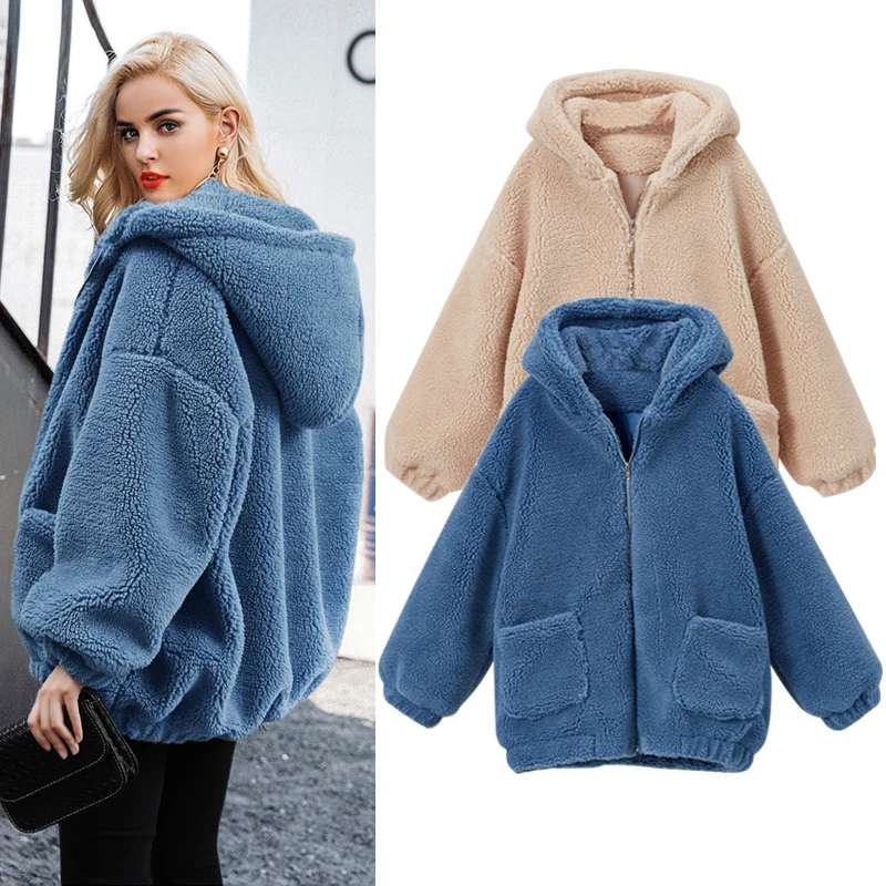 Imitation lambskin coat female autumn and winter large size thick warm furry zipper hooded | Женская одежда