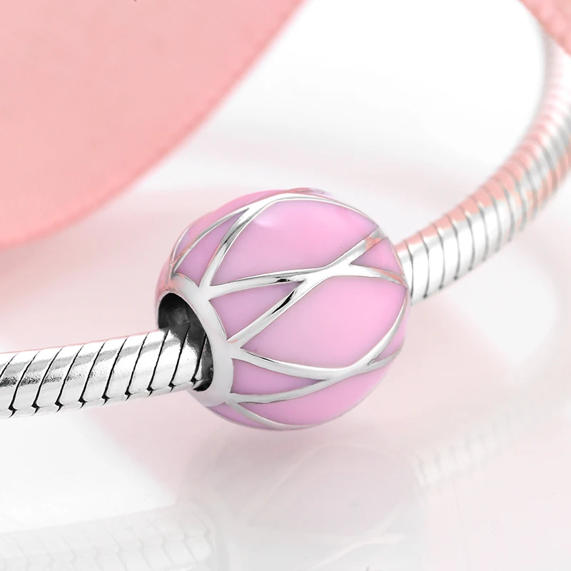 Розовые эмалированные бусины подвески с фианитами в форме цветка серебро 925