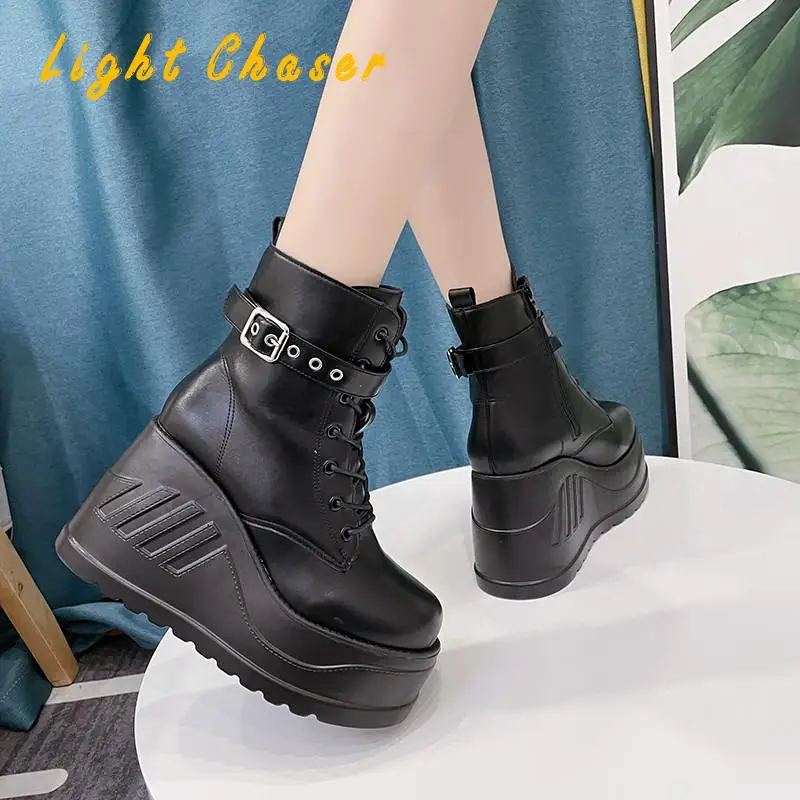 Fashion Punk Style Platform Women Ankle Boots Women's Motorcycle Boot Fashion Ladies Chunky Shoes Wedge Black Big Size 4142 43