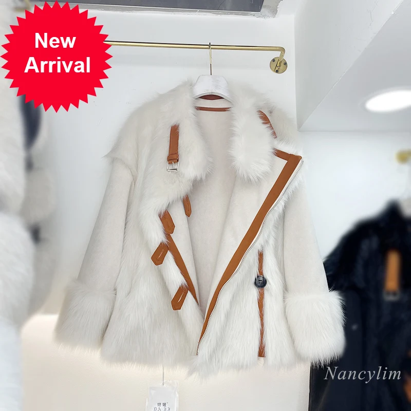 

Winter Leather Fur Coat for Women All-Match High Street Two-Sided Wear Faux Fur Patch Leather Overcoat Lady Warm Outwears