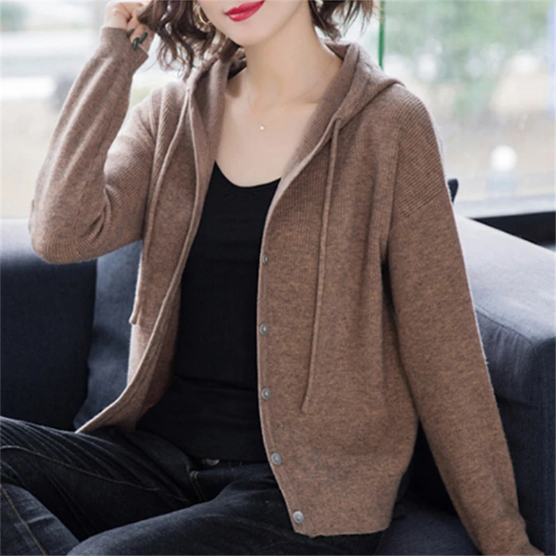 

2020 Spring New Women Hooded Cardigans Long Sleeve Button UP Casual Streetwear Female Knit Cardigans and Sweater Jacket